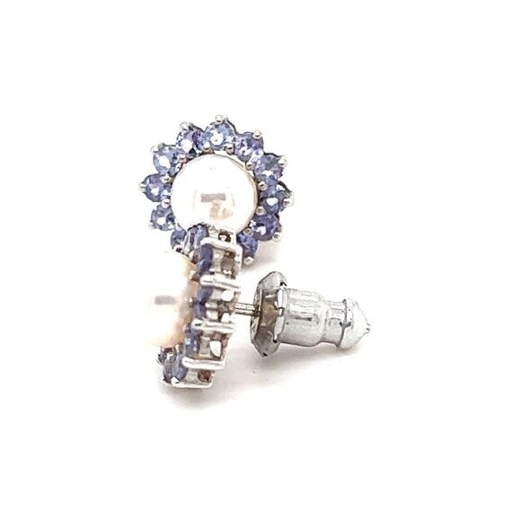 Stunning 14k Flower Shaped Tanzanite & Pearl Stud Earrings - Picture 5 of 16